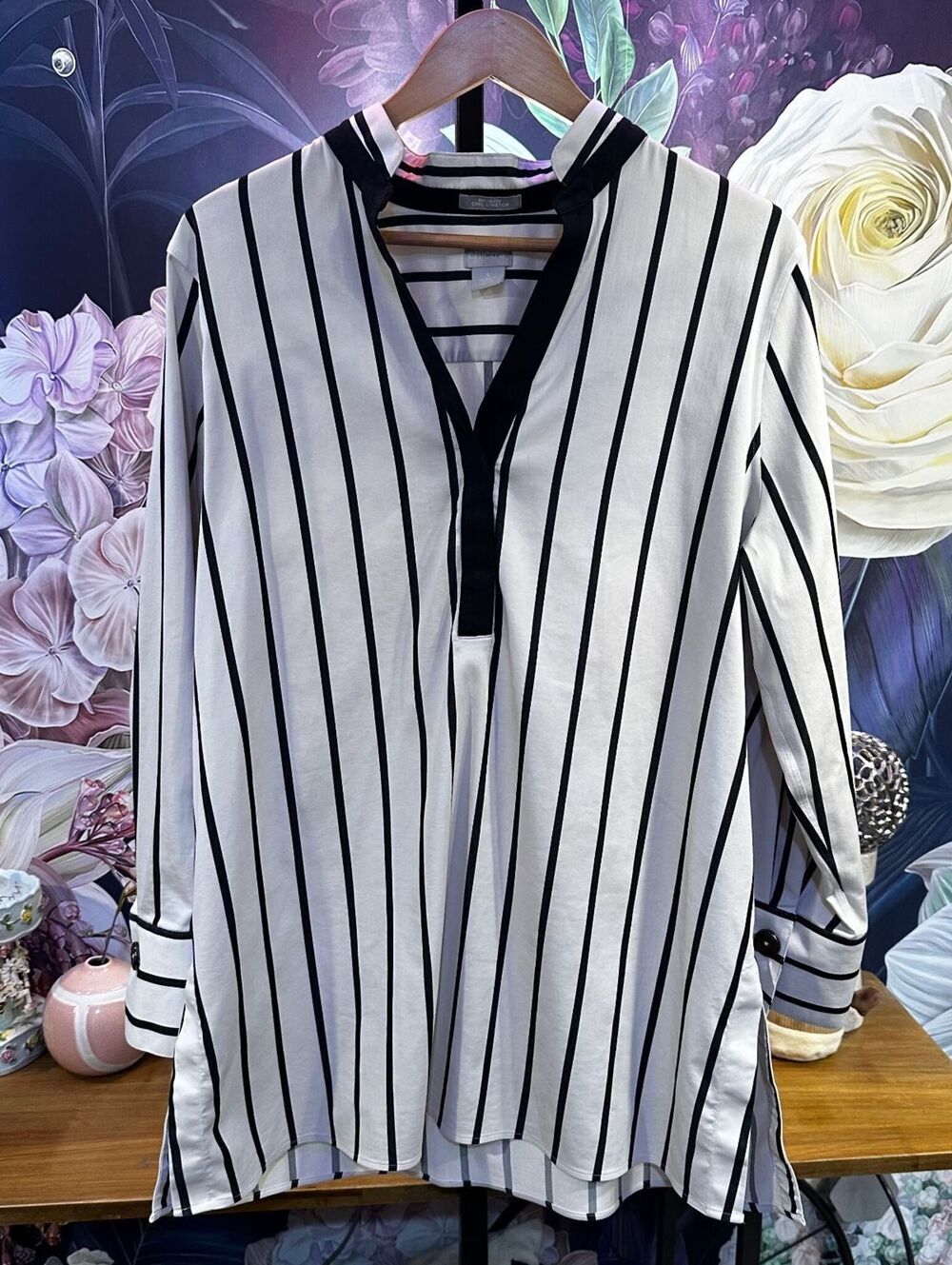 Chico's 3 Cotton Striped Tunic Shirt Black White Minimalist Preppy Office Siren